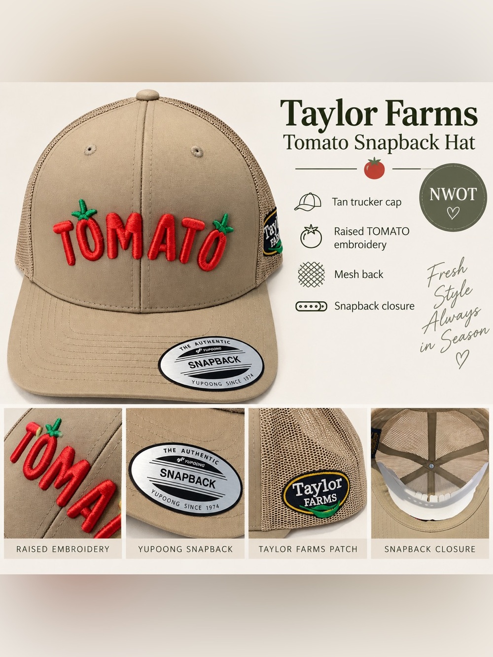 Taylor Farms Tomato Embroidered Trucker Snapback Hat Tan NWOT